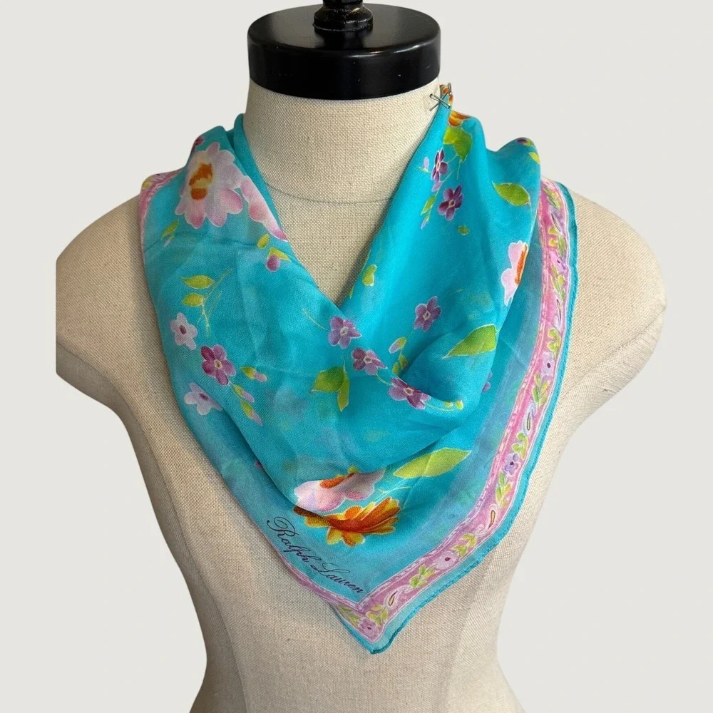 Ralph Lauren Collection Black Label Silk Floral Square Scarf Turquoise Blue 20in